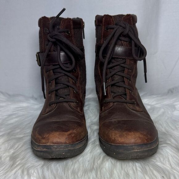 UGG Australia Women's Kesey Tobacco Brown Sherpa Trim Lace Up Ankle Boots Sz 8.5 - Picture 3 of 7